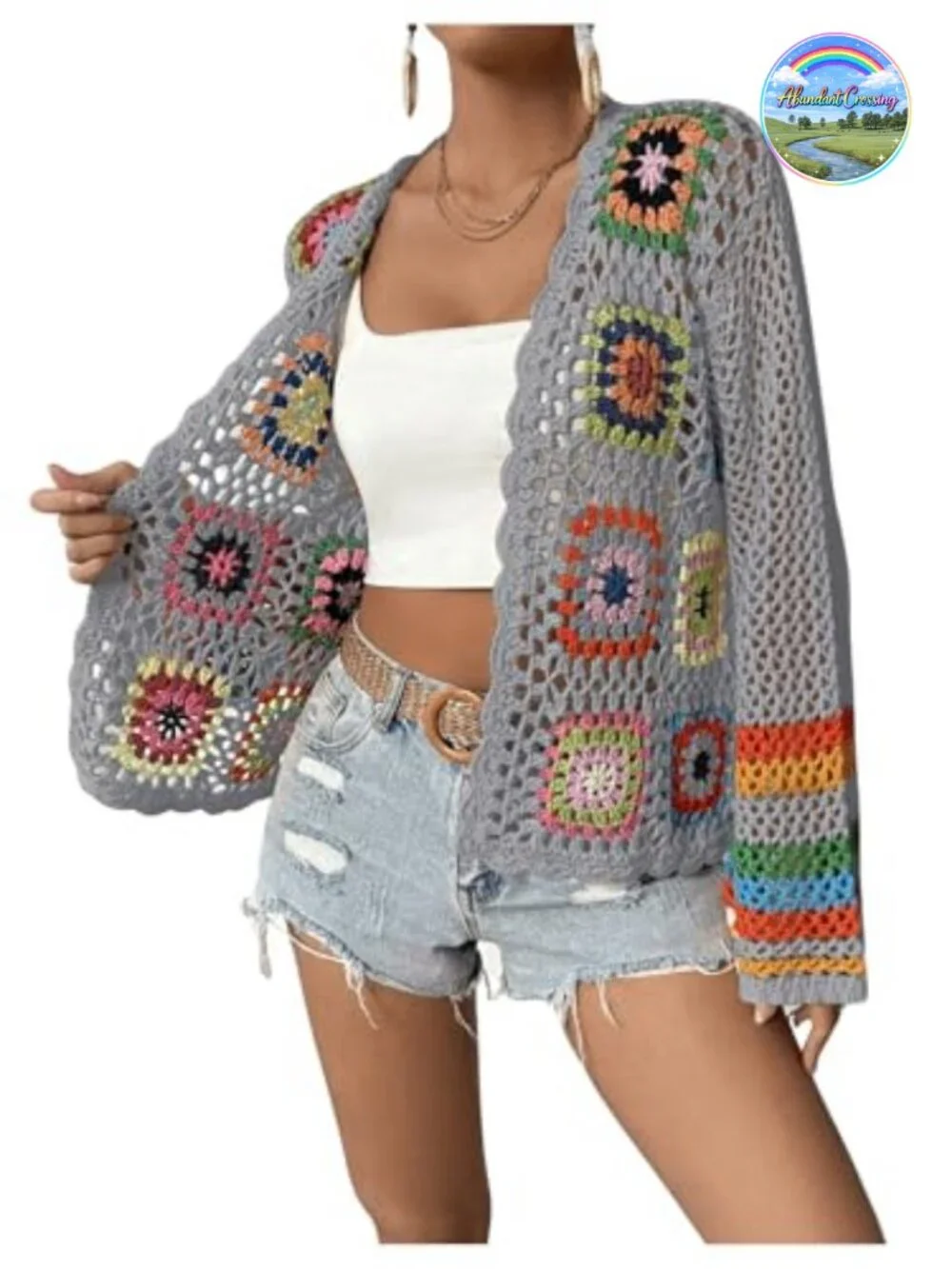 Floral Crochet Open Front Cardigan Sweater Long Sleeve Lightweight Casual